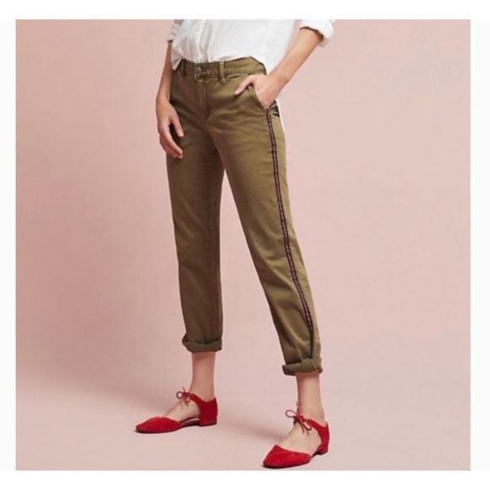 Anthropologie Chino Olive Green Side Stripe Pants Relaxed Cuffed Womens 27